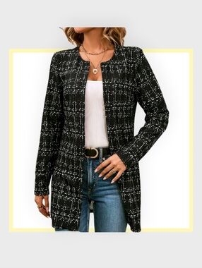 Black Plaid Longline Open Cardigan Jacket - Women's